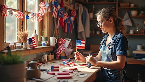 A girl creating American flag-inspired projects