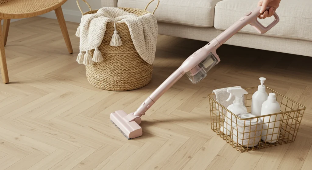 A room is being cleaned.  A pink handheld vacuum cleaner is positioned diagonally across the image, moving from the lower left to the lower center. The floor is light oak parquet, with a herringbone pattern.  A light beige woven basket with cream-colored tassels sits near the center left.  A cream-colored throw blanket or knitted sweater is on top of the basket.  A light beige couch with a cushioned seat is in the upper right.  A light gold wire basket, containing cleaning spray bottles and cloths, is placed on the floor near the bottom right.  A light brown wicker armchair is located in the upper left corner.  Natural light illuminates the scene, creating a bright and clean atmosphere.  The overall style is minimalist and modern. The focus is on the practical aspects of home cleaning.