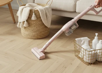 A room is being cleaned. A pink handheld vacuum cleaner is positioned diagonally across the image, moving from the lower left to the lower center. The floor is light oak parquet, with a herringbone pattern. A light beige woven basket with cream-colored tassels sits near the center left. A cream-colored throw blanket or knitted sweater is on top of the basket. A light beige couch with a cushioned seat is in the upper right. A light gold wire basket, containing cleaning spray bottles and cloths, is placed on the floor near the bottom right. A light brown wicker armchair is located in the upper left corner. Natural light illuminates the scene, creating a bright and clean atmosphere. The overall style is minimalist and modern. The focus is on the practical aspects of home cleaning.