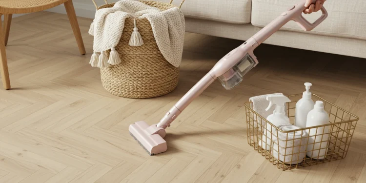 A room is being cleaned. A pink handheld vacuum cleaner is positioned diagonally across the image, moving from the lower left to the lower center. The floor is light oak parquet, with a herringbone pattern. A light beige woven basket with cream-colored tassels sits near the center left. A cream-colored throw blanket or knitted sweater is on top of the basket. A light beige couch with a cushioned seat is in the upper right. A light gold wire basket, containing cleaning spray bottles and cloths, is placed on the floor near the bottom right. A light brown wicker armchair is located in the upper left corner. Natural light illuminates the scene, creating a bright and clean atmosphere. The overall style is minimalist and modern. The focus is on the practical aspects of home cleaning.