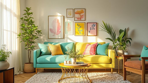 colorful modern living room with plants, art, and sunlight
