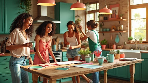 women laughing in colorful kitchen during fun creative gathering