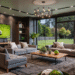 modern living room with soccer theme and garden view