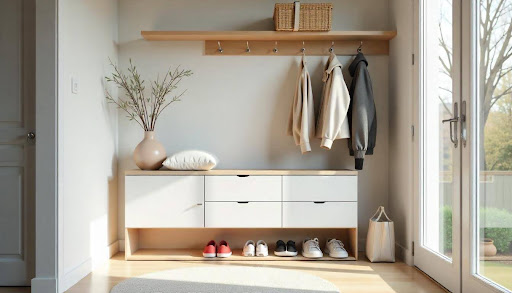 organized modern home entryway with coat hooks and storage bench