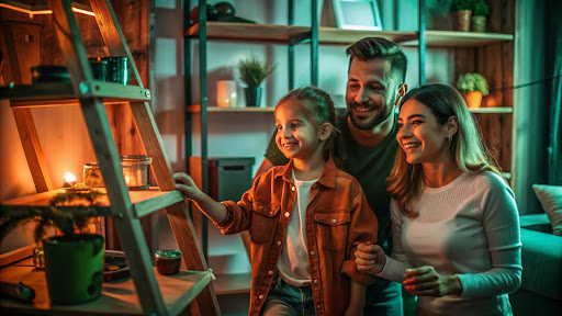 happy family enjoying cozy DIY home lighting and decor