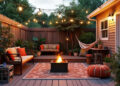 cozy backyard patio with fire pit and string lights