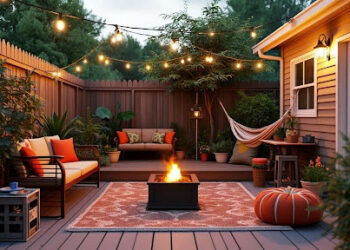 cozy backyard patio with fire pit and string lights