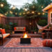 cozy backyard patio with fire pit and string lights