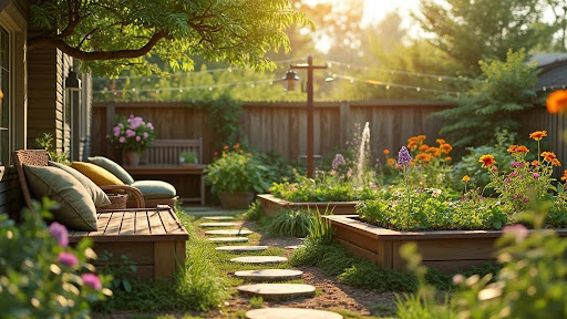 cozy backyard patio with fire pit and string lights
