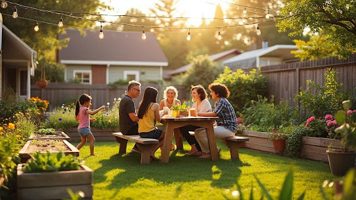 family enjoying backyard dinner in garden with string lights