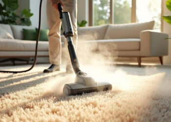steam cleaning carpet in bright living room