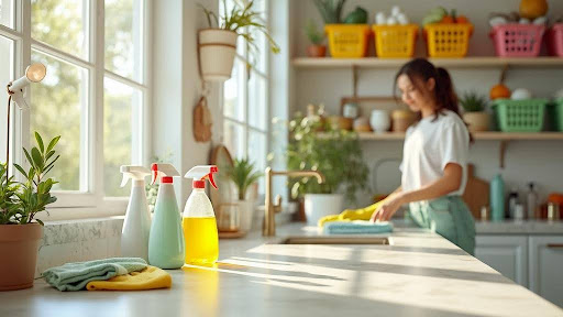 woman cleaning kitchen with cleaning products
