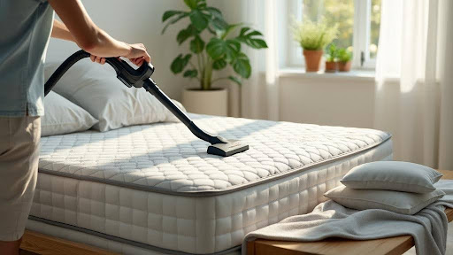 vacuuming mattress for dust removal in bright clean bedroom