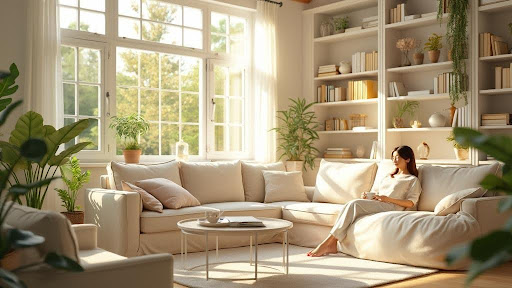 woman relaxing in bright, organized living room with houseplants
