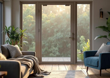 cozy living room with rain-proof patio doors and sunlight