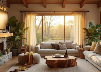 modern rustic living room with natural decor elements