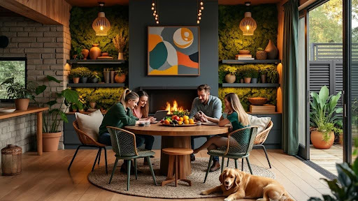 modern rustic dining room with greenery and natural decor