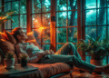 person relaxing in cozy living room with indoor plants at sunset