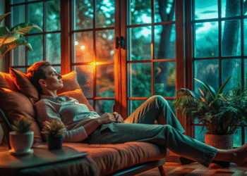 person relaxing in cozy living room with indoor plants at sunset