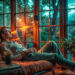 person relaxing in cozy living room with indoor plants at sunset