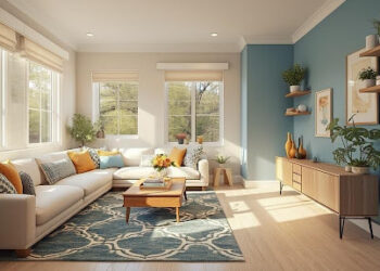 modern bright living room with blue accent wall and plants
