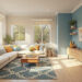 modern bright living room with blue accent wall and plants