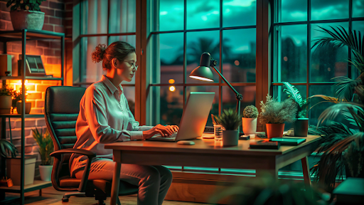 woman working at home office desk with indoor plants