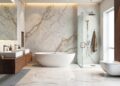 Luxury bathroom featuring marble shower and walls, clean, water, spacious