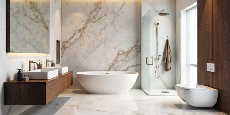 Luxury bathroom featuring marble shower and walls, clean, water, spacious