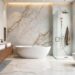 Luxury bathroom featuring marble shower and walls, clean, water, spacious